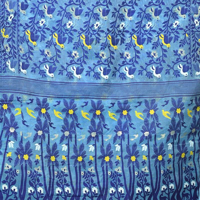 Aishani Collection Woven Cotton Silk Dhakai Jamdani Handloom Women'S Saree Without Bp (Polished) (Blue) Without Blouse