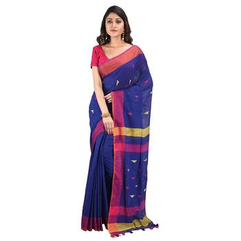 Aishani Collection Embroidered Blue Khadi Cotton Saree with blouse pieces 1