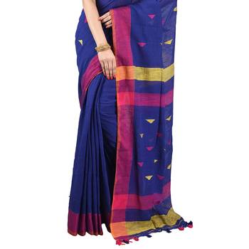 Aishani Collection Embroidered Blue Khadi Cotton Saree with blouse pieces 3