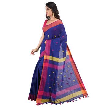 Aishani Collection Embroidered Blue Khadi Cotton Saree with blouse pieces 4