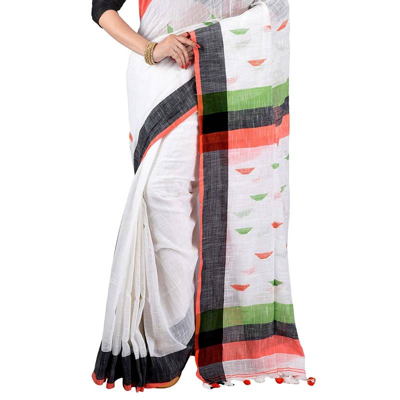Aishani Collection Embroidered Hand Spun Cotton HandloomSaree with blouse pieces