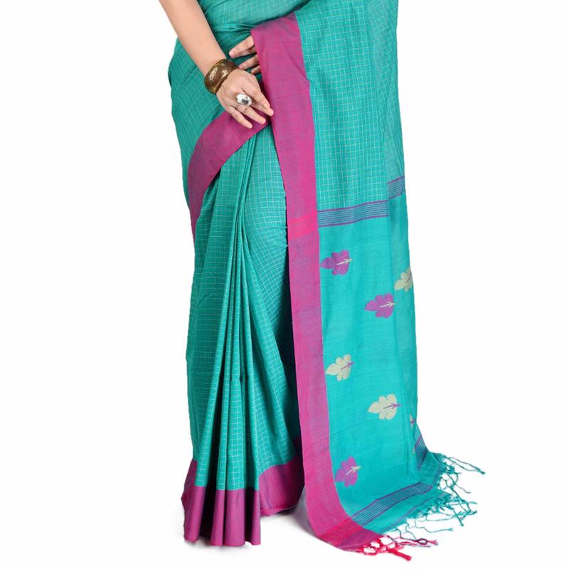Aishani Collection Pure Cotton Kantha boutique Handloom Women's Saree with bp (Light Blue)
