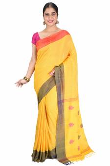Aishani Collection Pure Cottton yellow handloom saree with bp