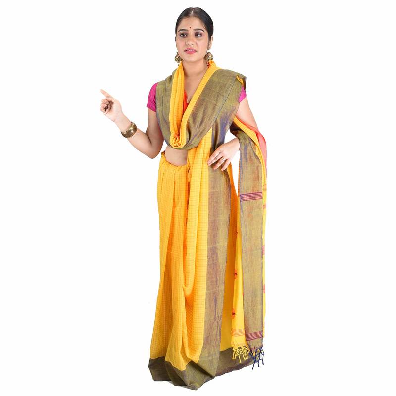 Aishani Collection Pure Cottton yellow handloom saree with bp