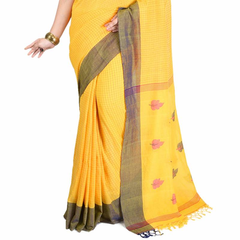 Aishani Collection Pure Cottton yellow handloom saree with bp