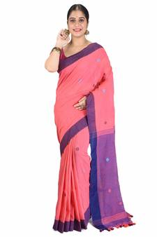 Aishani Collection Women's Khadi Cotton Embroidered Traditional  Bengal Handloom Saree with bp (Carrot Pink)