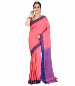 Aishani Collection Women's Khadi Cotton Embroidered Traditional  Bengal Handloom Saree with bp (Carrot Pink)