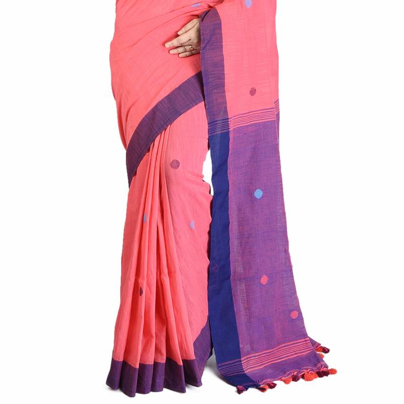 Aishani Collection Women's Khadi Cotton Embroidered Traditional  Bengal Handloom Saree with bp (Carrot Pink)