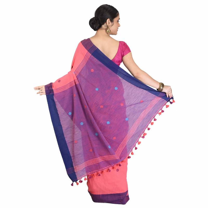 Aishani Collection Women's Khadi Cotton Embroidered Traditional  Bengal Handloom Saree with bp (Carrot Pink)