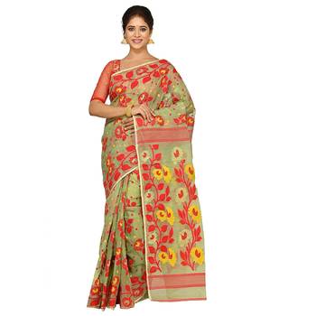 Aishani Collection Cotton Silk Dhakai Jamdani Handloom Women'S Saree Without Bp (Beige,Red) Without Blouse 1