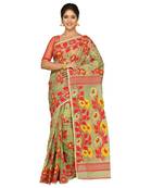 Aishani Collection Cotton Silk Dhakai Jamdani Handloom Women'S Saree Without Bp (Beige,Red) Without Blouse