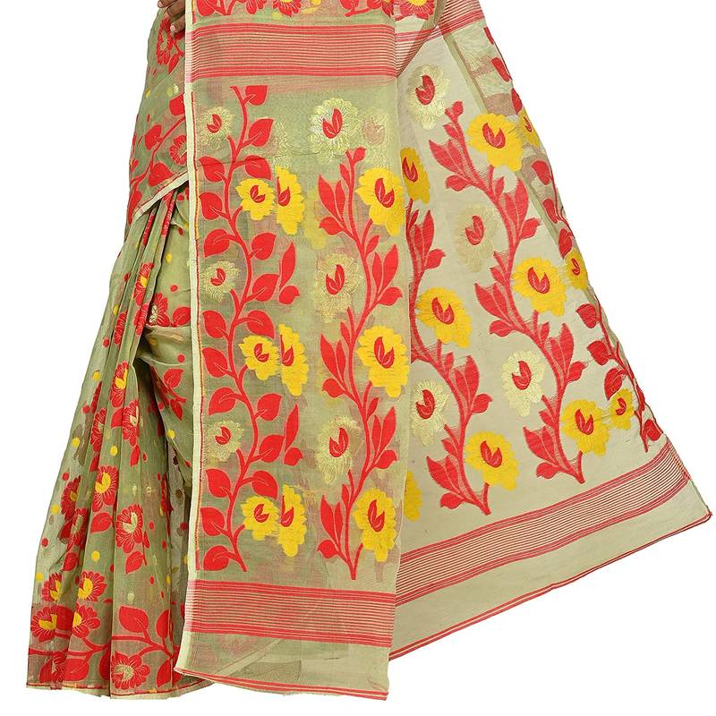 Aishani Collection Cotton Silk Dhakai Jamdani Handloom Women'S Saree Without Bp (Beige,Red) Without Blouse