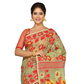 Aishani Collection Cotton Silk Dhakai Jamdani Handloom Women'S Saree Without Bp (Beige,Red) Without Blouse 3
