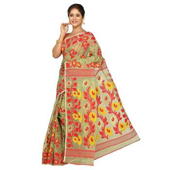 Aishani Collection Cotton Silk Dhakai Jamdani Handloom Women'S Saree Without Bp (Beige,Red) Without Blouse 4