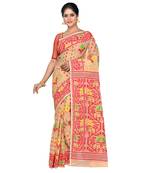 Aishani Collection Woven Cotton Silk Dhakai Handloom Jamdani Saree Without Bp (Beige, Red) Without Blouse