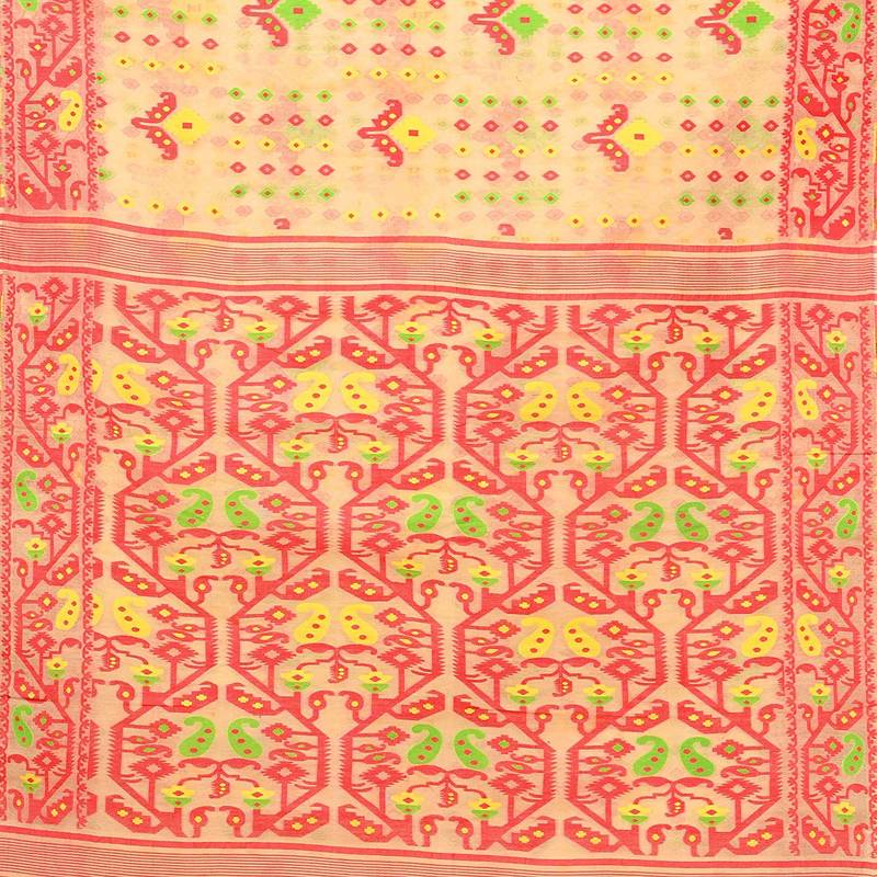 Aishani Collection Woven Cotton Silk Dhakai Handloom Jamdani Saree Without Bp (Beige, Red) Without Blouse