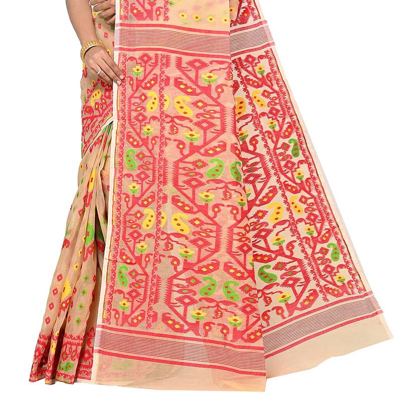Aishani Collection Woven Cotton Silk Dhakai Handloom Jamdani Saree Without Bp (Beige, Red) Without Blouse