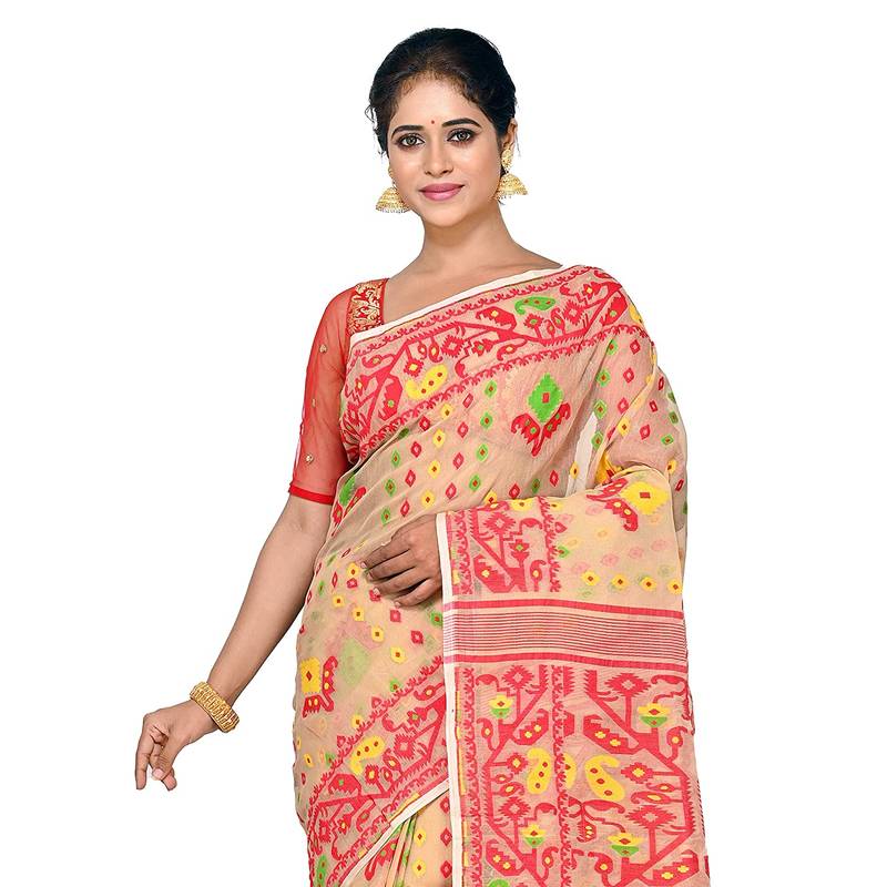 Aishani Collection Woven Cotton Silk Dhakai Handloom Jamdani Saree Without Bp (Beige, Red) Without Blouse