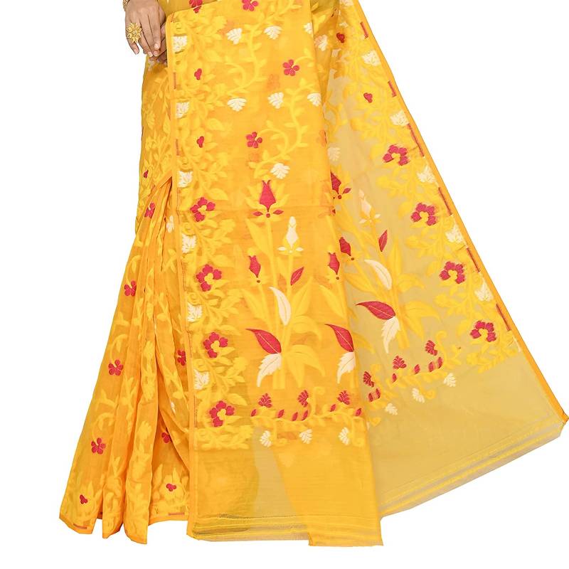 Aishani Collection Soft Cotton Silk Dhakai Jamdani Handloom Women'S Saree Without Bp (Yellow) Without Blouse