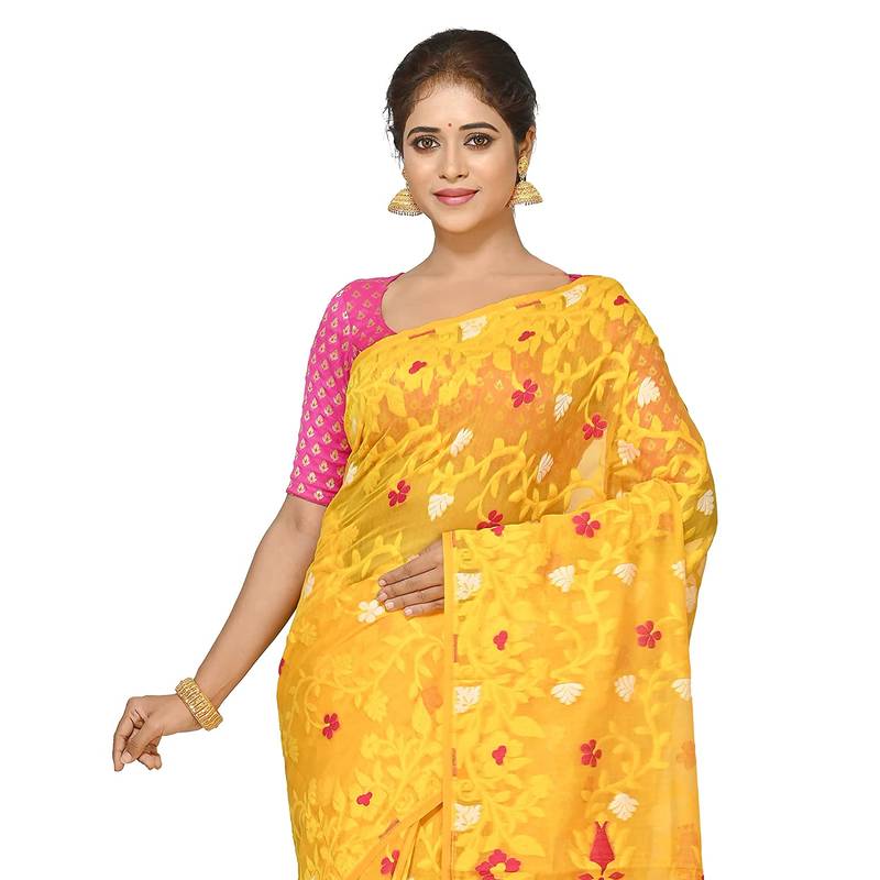 Aishani Collection Soft Cotton Silk Dhakai Jamdani Handloom Women'S Saree Without Bp (Yellow) Without Blouse