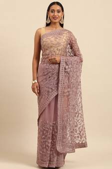 Pink Embroidered Net Saree With Blouse