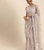Beige Embroidered Net Saree With Blouse
