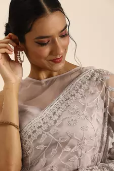Beige Embroidered Net Saree With Blouse