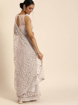 Beige Embroidered Net Saree With Blouse 3