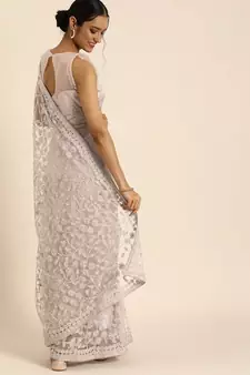 Beige Embroidered Net Saree With Blouse