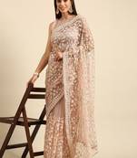 Beige Embroidered Net Saree With Blouse