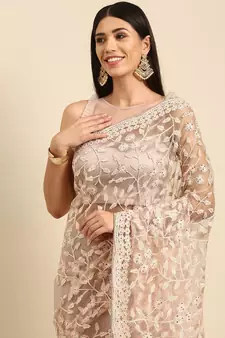 Beige Embroidered Net Saree With Blouse