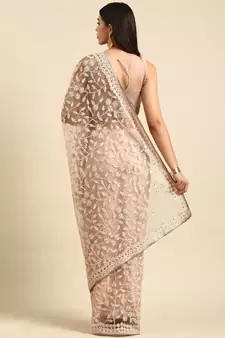 Beige Embroidered Net Saree With Blouse