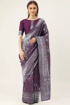 Purple woven faux kanchipuram Art Silk saree with blouse