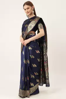 Blue woven faux kanchipuram Art Silk saree with blouse