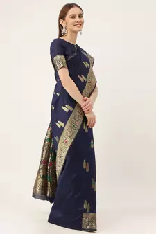 Blue woven faux kanchipuram Art Silk saree with blouse