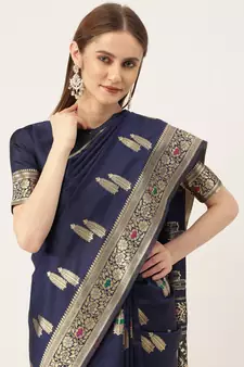Blue woven faux kanchipuram Art Silk saree with blouse