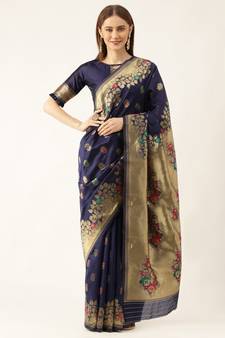 Blue woven kanchipuram Art Silk saree with blouse