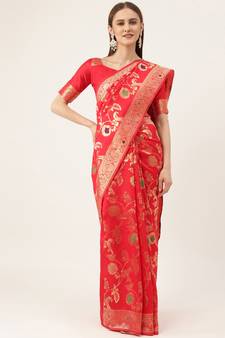 Red woven faux kanchipuram Art Silk saree with blouse