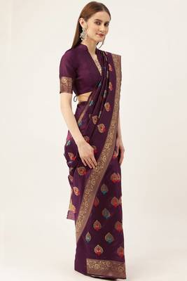 Purple woven faux kanchipuram Art Silk saree with blouse 4
