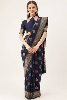 Blue woven faux kanchipuram Art Silk saree with blouse