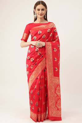 Red woven faux kanchipuram Art Silk saree with blouse 1