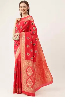 Red woven faux kanchipuram Art Silk saree with blouse