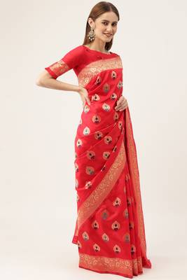 Red woven faux kanchipuram Art Silk saree with blouse 4
