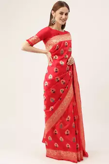 Red woven faux kanchipuram Art Silk saree with blouse