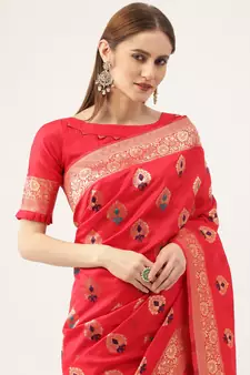 Red woven faux kanchipuram Art Silk saree with blouse