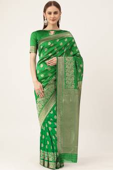 Green Woven silk blend Saree With Blouse