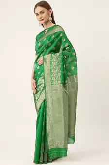 Green Woven silk blend Saree With Blouse