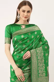 Green Woven silk blend Saree With Blouse