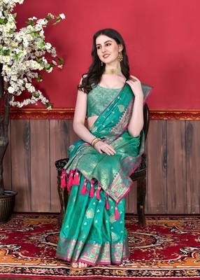 Korams Design Teal Katan Silk Weaving Zari Classic Saree With Blouse for women 1