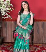 Korams Design Teal Katan Silk Weaving Zari Classic Saree With Blouse for women